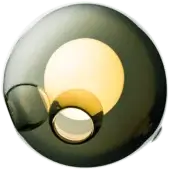 Bocci 28 wall light, grey finish, spherical diffuser emits warm yellow glow against olive-green backdrop, silver rim detail.